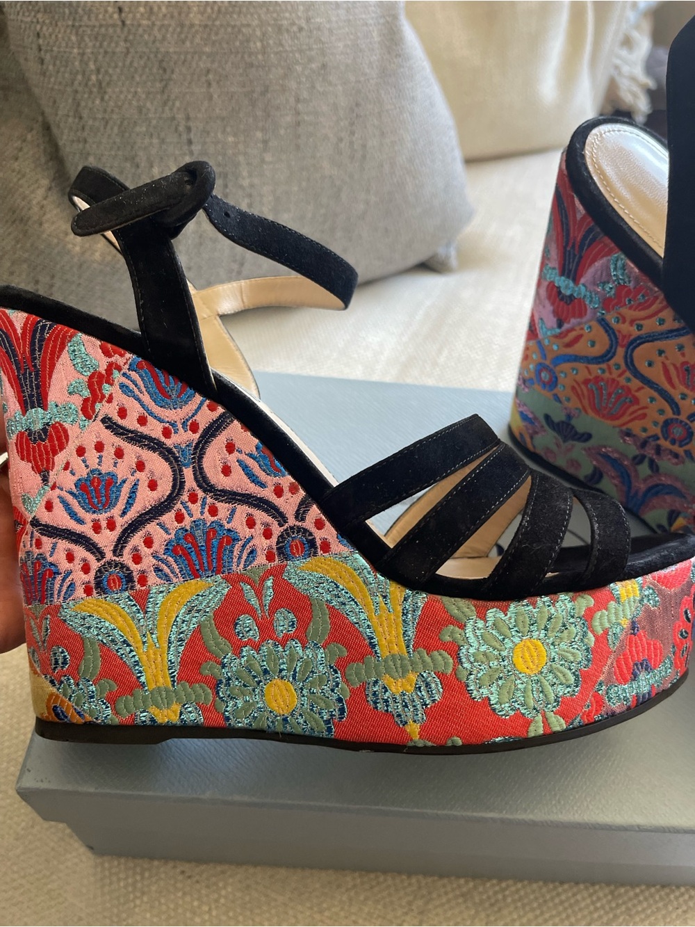 Prada Multicolor Brocade Platform Wedge Sandals Black Straps EU 40 With Box